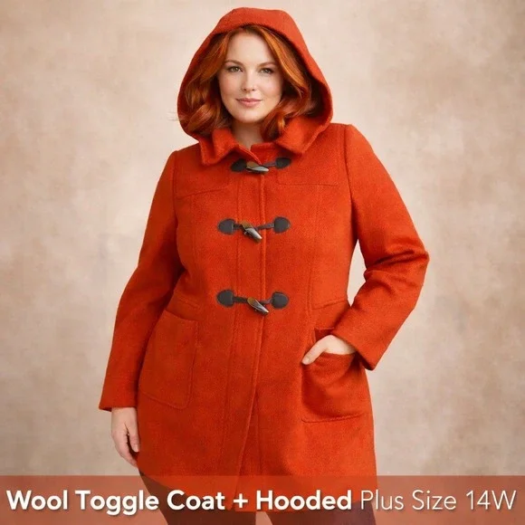 Talbots Wool Toggle Coat Hooded Orange Rust 14W Plus Duffle Jacket - Picture 1 of 12